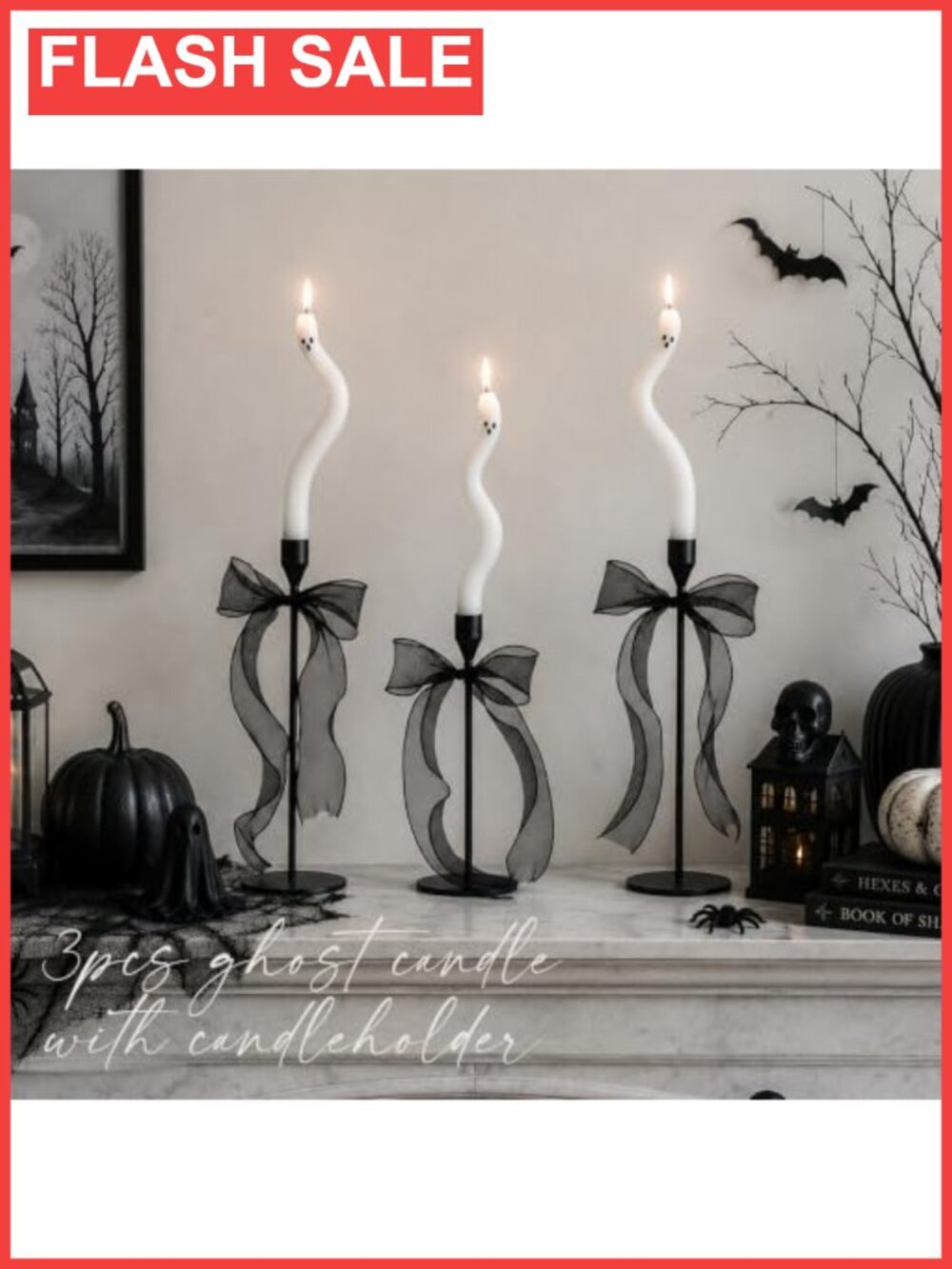 Halloween Ghost Taper Candles with Holders & Ribbons 3pc Set
